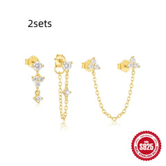 S925 Sterling Silver Geometric Zircon Tassel Daily Wear Earring Set