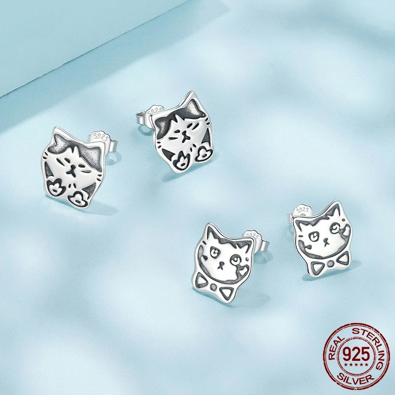 S925 Sterling Silver Cute Retro Graffiti Cat Stud Earrings