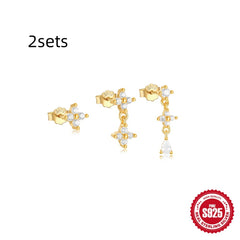 S925 Sterling Silver Geometric Zircon Tassel Daily Wear Earring Set