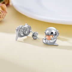 Sea Otter With Heart Earrings Sterling Silver Animal Stud Earrings Otter Earrings