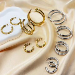 304 Stainless Steel Hollow C- Shaped Large Hoop Earrings