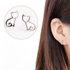 Cute wild 925 sterling silver (cartoon hollow asymmetrical cat earrings) Japanese and Korean simple earrings
