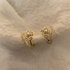 Silver Needle Flower Stud Earrings Light Luxury High Sense