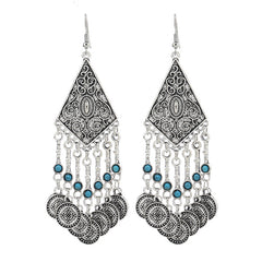 Retro Exotic Antique Silver Coin Tassel Earrings