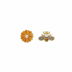 Silver Needle Summer Asymmetric Dripping Bee Flower Stud Earrings