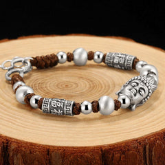 Sterling Silver 999 Tathagata Buddha Head Fu Character Hand Weaving Bracelet