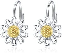 Daisy Leverback Hoop Earrings in White Gold Plated Sterling Silver