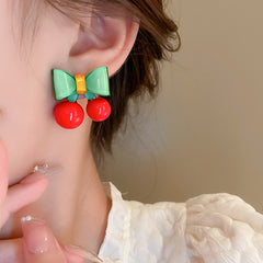 Cute Contrast Color Bow Cherry Silver Stud Earrings