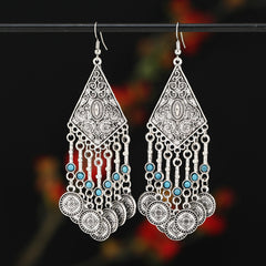 Retro Exotic Antique Silver Coin Tassel Earrings