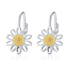 Daisy Leverback Hoop Earrings in White Gold Plated Sterling Silver