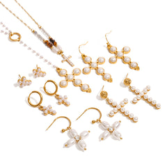 Stainless Steel Pearl Necklace Cross Earrings