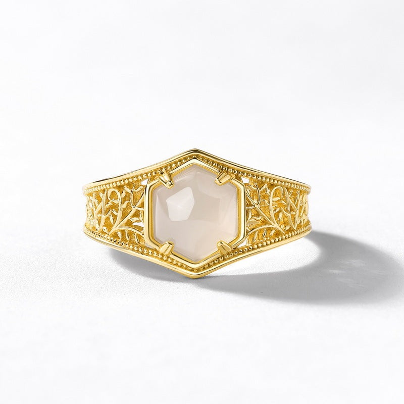 Retro Style Geometric Hexagon Hetian Jade Ring
