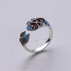 S925 Silver Retro Classical Roasted Blue Carp Koi Ring