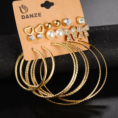 Pearl Bow Heart Hoop Earrings & Geometric Stud Set