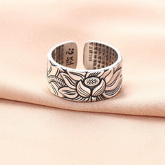 Lotus Hannya Shingyo S999 Sterling Silver Ring Antique Style