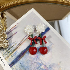 Sweet And Cute Cherry Earrings Pearlescent Rose