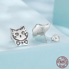 S925 Sterling Silver Cute Retro Graffiti Cat Stud Earrings