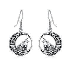 Wolf Celtic Moon Dangle Drop Earrings in Sterling Silver