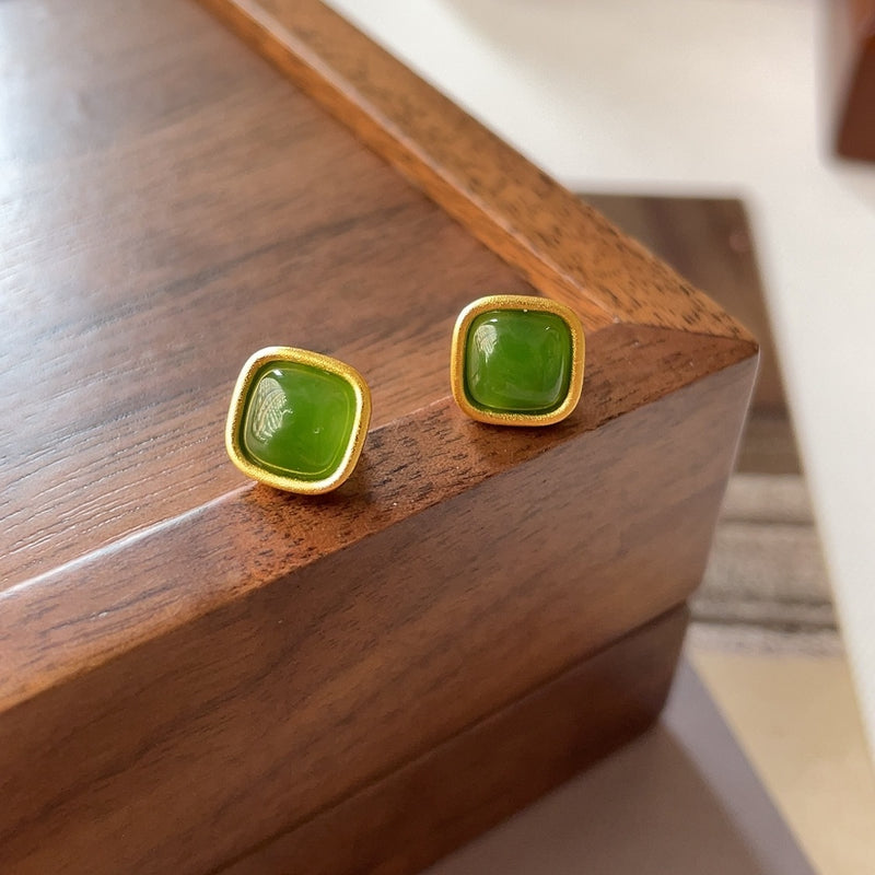 Natural Hotan Jade Square Earrings