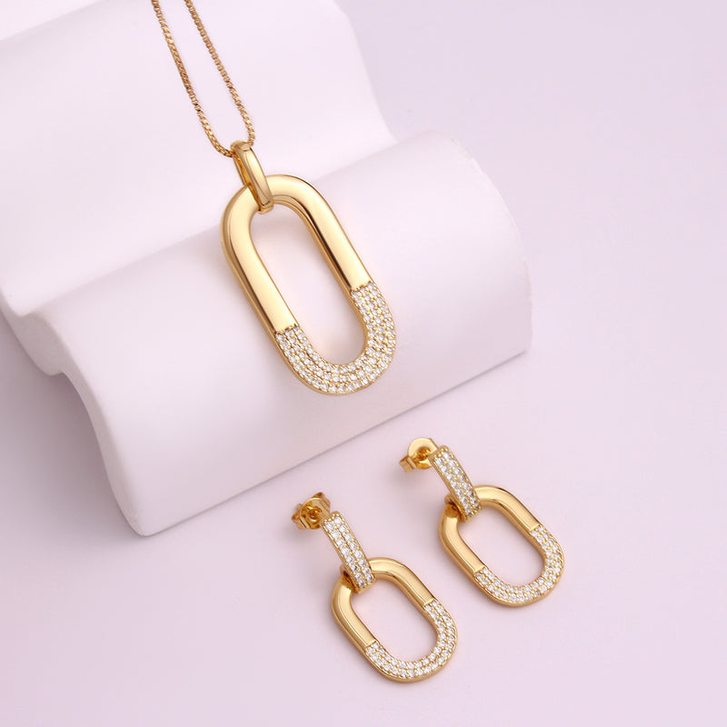 Oval Inlaid Zircon Ear Stud Necklace Female