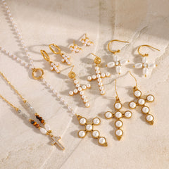 Stainless Steel Pearl Necklace Cross Earrings