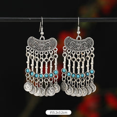 Retro Exotic Antique Silver Coin Tassel Earrings