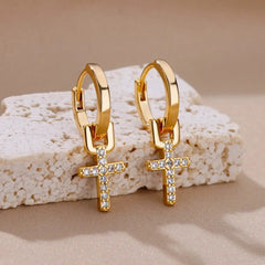 Cross Eardrops 18K Gold Plating Women's Zircon Stud Earrings