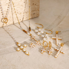 Stainless Steel Pearl Necklace Cross Earrings
