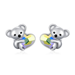 925 Sterling Silver Koala Bear Cute Animal Hypoallergenic Heart Crystal Earrings Jewellery