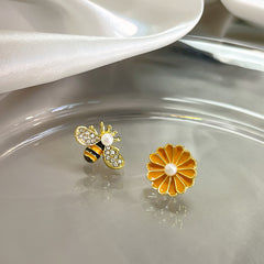 Silver Needle Summer Asymmetric Dripping Bee Flower Stud Earrings