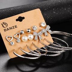 Pearl Bow Heart Hoop Earrings & Geometric Stud Set