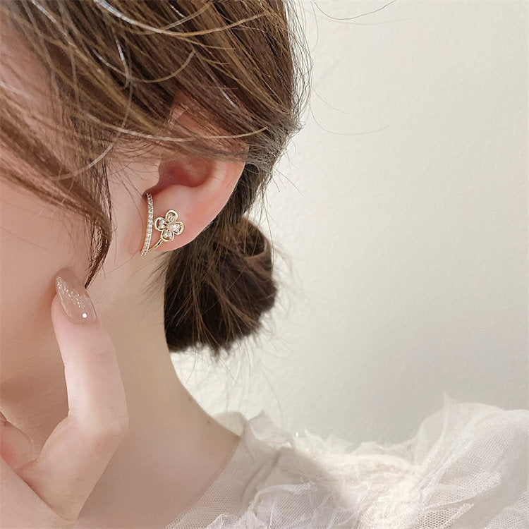 Silver Needle Flower Stud Earrings Light Luxury High Sense