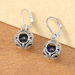 Vintage Engraving Hollow Blue Gemstone Pendant Earrings