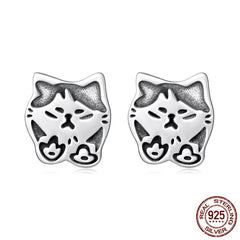 S925 Sterling Silver Cute Retro Graffiti Cat Stud Earrings