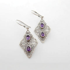 Metal Hollow Ancient Silver-plated Inlaid Purple Zircon Earrings