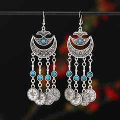 Retro Exotic Antique Silver Coin Tassel Earrings