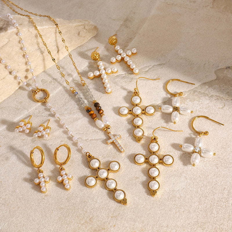 Stainless Steel Pearl Necklace Cross Earrings