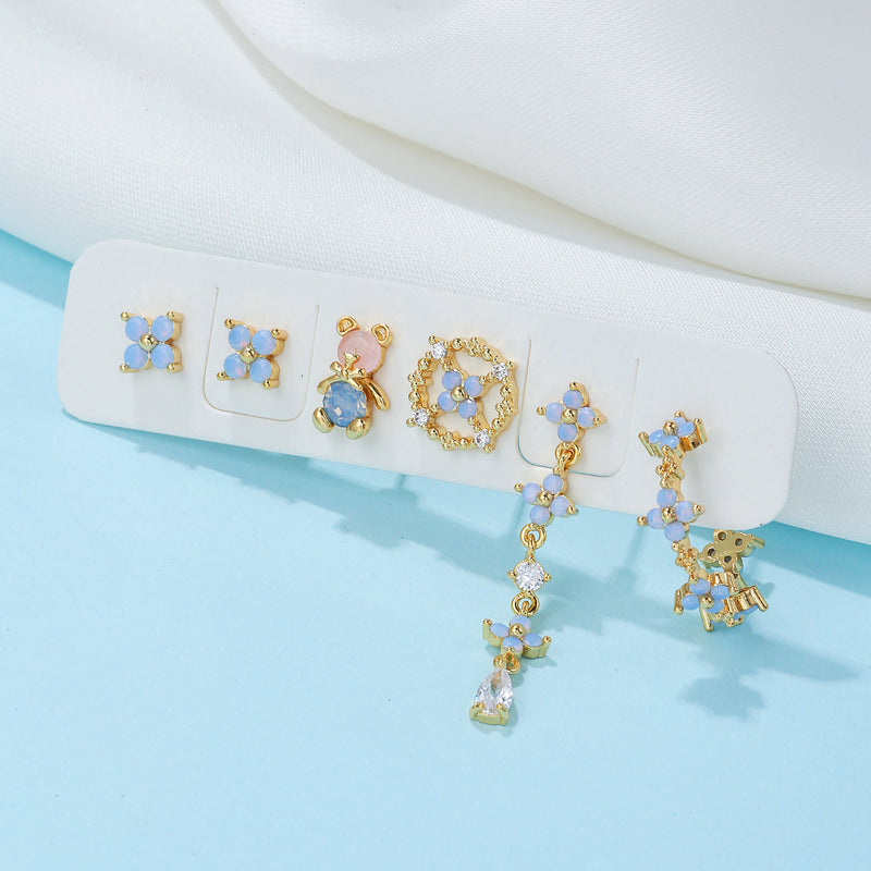 European And American Bear 18K Ear Studs Special-interest Design Flower Tassel