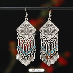 Retro Exotic Antique Silver Coin Tassel Earrings