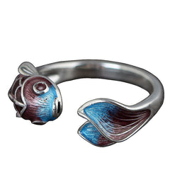 S925 Silver Retro Classical Roasted Blue Carp Koi Ring