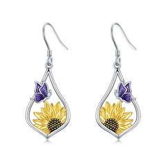 Sterling Silver Sunflower Dangle Earrings with Purple Butterfly Gift for Women