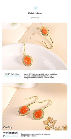 S925 Sterling Silver Inlaid Gold-plated Southern Red Agate Eardrops