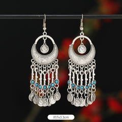 Retro Exotic Antique Silver Coin Tassel Earrings
