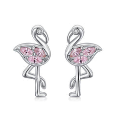 Pink Flamingo CZ Stud Earrings in White Gold Plated Sterling Silver