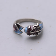 S925 Silver Retro Classical Roasted Blue Carp Koi Ring