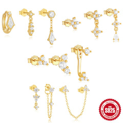 S925 Sterling Silver Geometric Zircon Tassel Daily Wear Earring Set