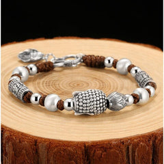 Sterling Silver 999 Tathagata Buddha Head Fu Character Hand Weaving Bracelet