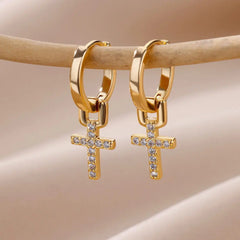 Cross Eardrops 18K Gold Plating Women's Zircon Stud Earrings