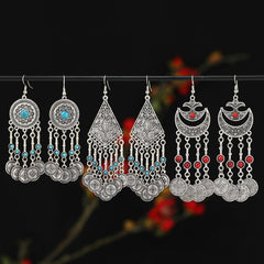 Retro Exotic Antique Silver Coin Tassel Earrings