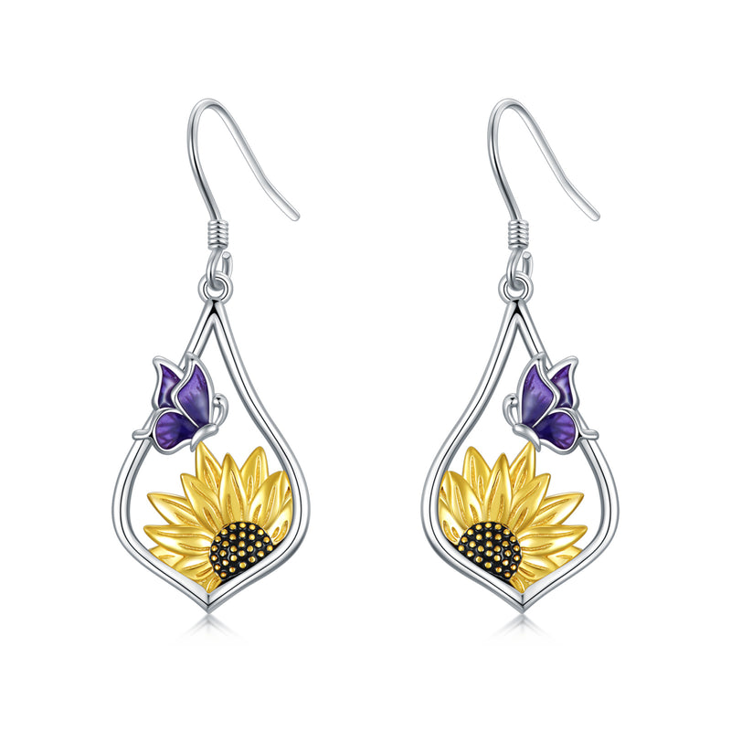 Sterling Silver Sunflower Dangle Earrings with Purple Butterfly Gift for Women